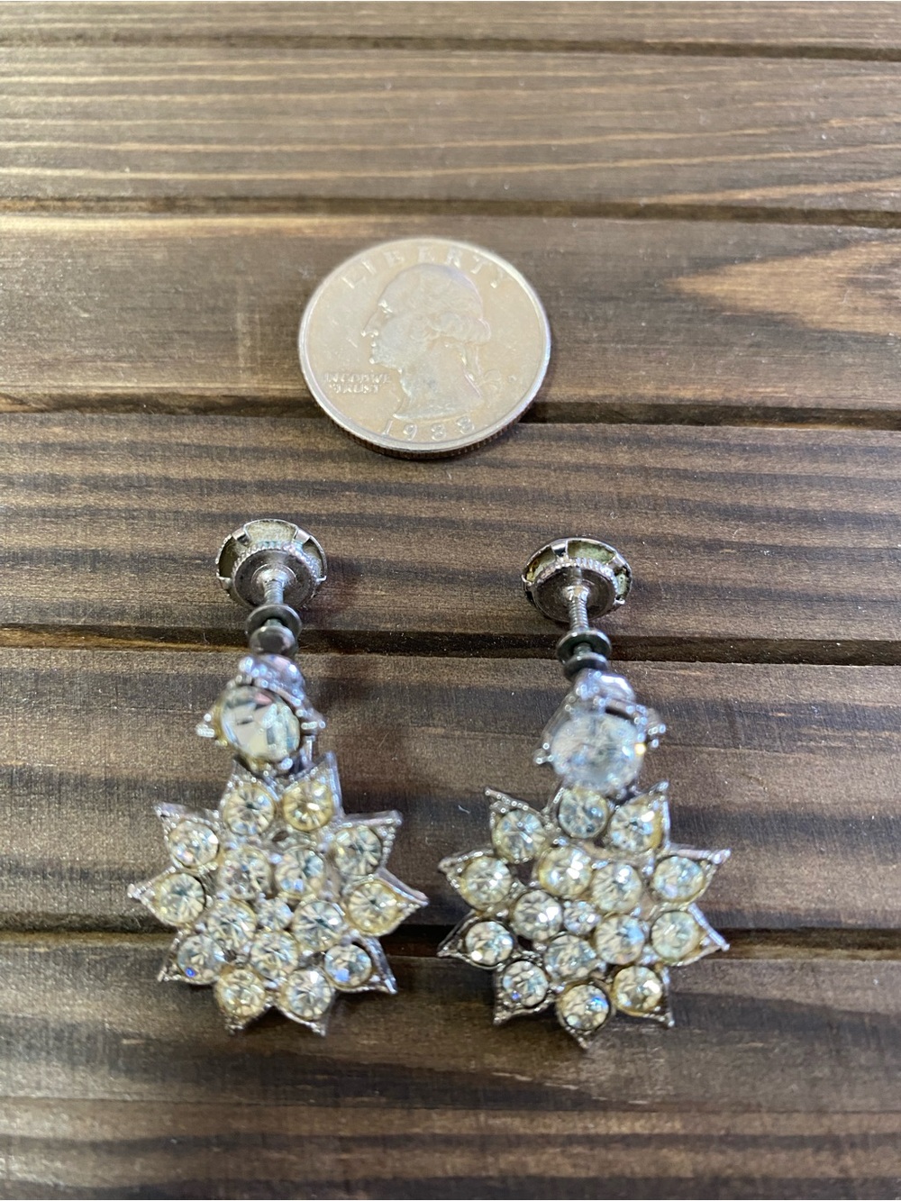Vintage Rhinestone Starburst Screw Back Earrings Silver Tone Dangle Bridal Glam